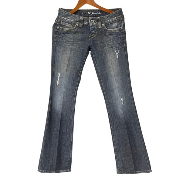Guess Daredevil Bootcut Jeans Size 27 Dark Wash Distressed - Picture 1 of 7